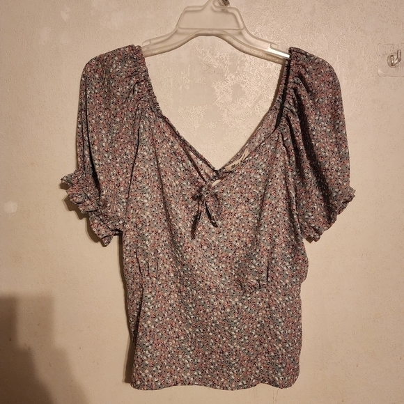 Blue Mood Floral Tie Back Short Sleeve Blouse Size L NWT - Picture 1 of 10